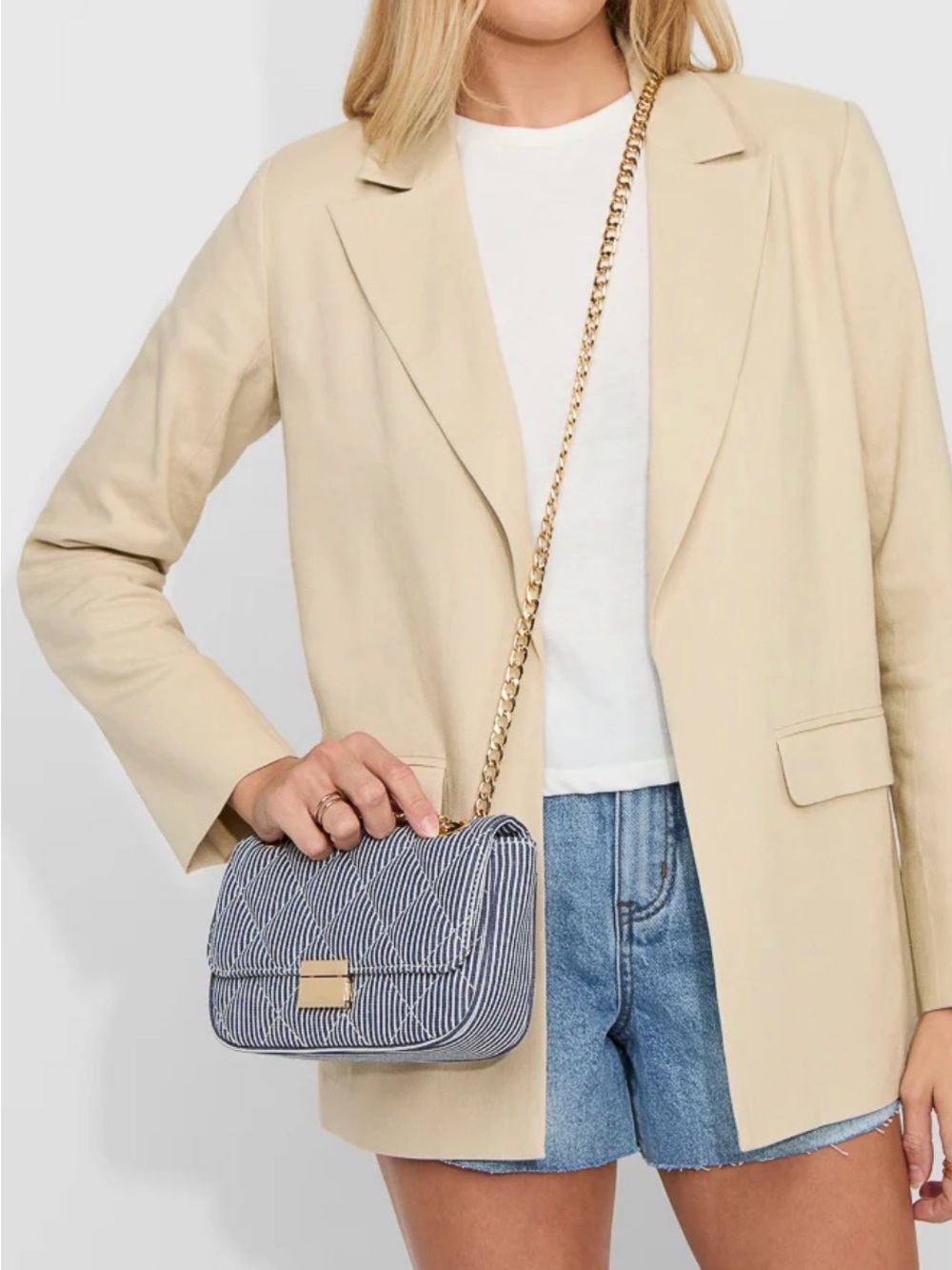 JustFab Blue and White Quilted Stripe Crossbody with Gold Chain